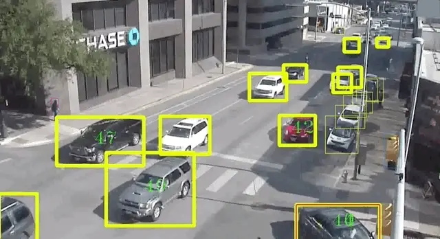 Live AI grid detecting moving cars on a busy street